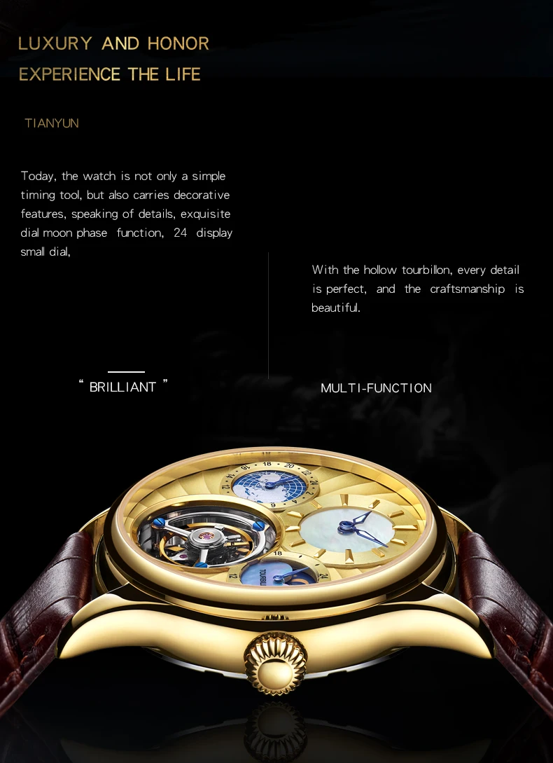 Tourbillon сапфир часы Скелетон Мужские автоматические механические часы Многофункциональный 24-часовой и лунной фазой, Для мужчин часы лучший бренд класса люкс