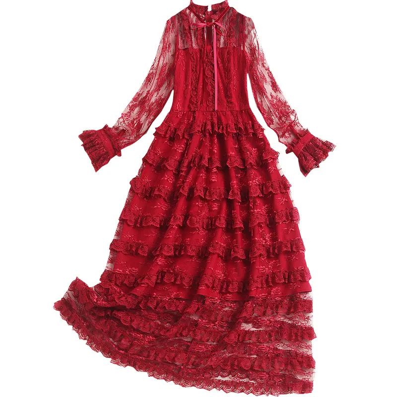 

SHUCHAN Red Lace Dresses for Women 2021 New Cascading Ruffle Bohemian A-Line Solid Mid-Calf Dresses for Women Party