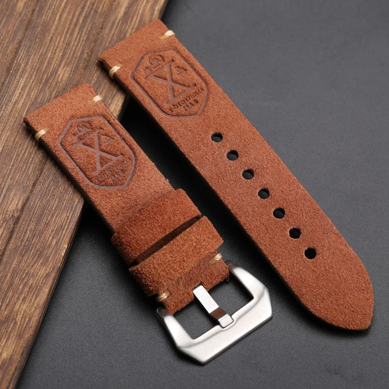 

High quality brown soft men 22mm 24mm 26mm Mate Brushed X-Men Buckle Leather Strap Watch band For PAM Pilot Watch Zenith Panerai