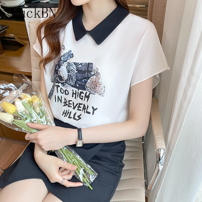 Женская одежда рубашка с мультяшным принтом топы шифоновая для работы и офиса