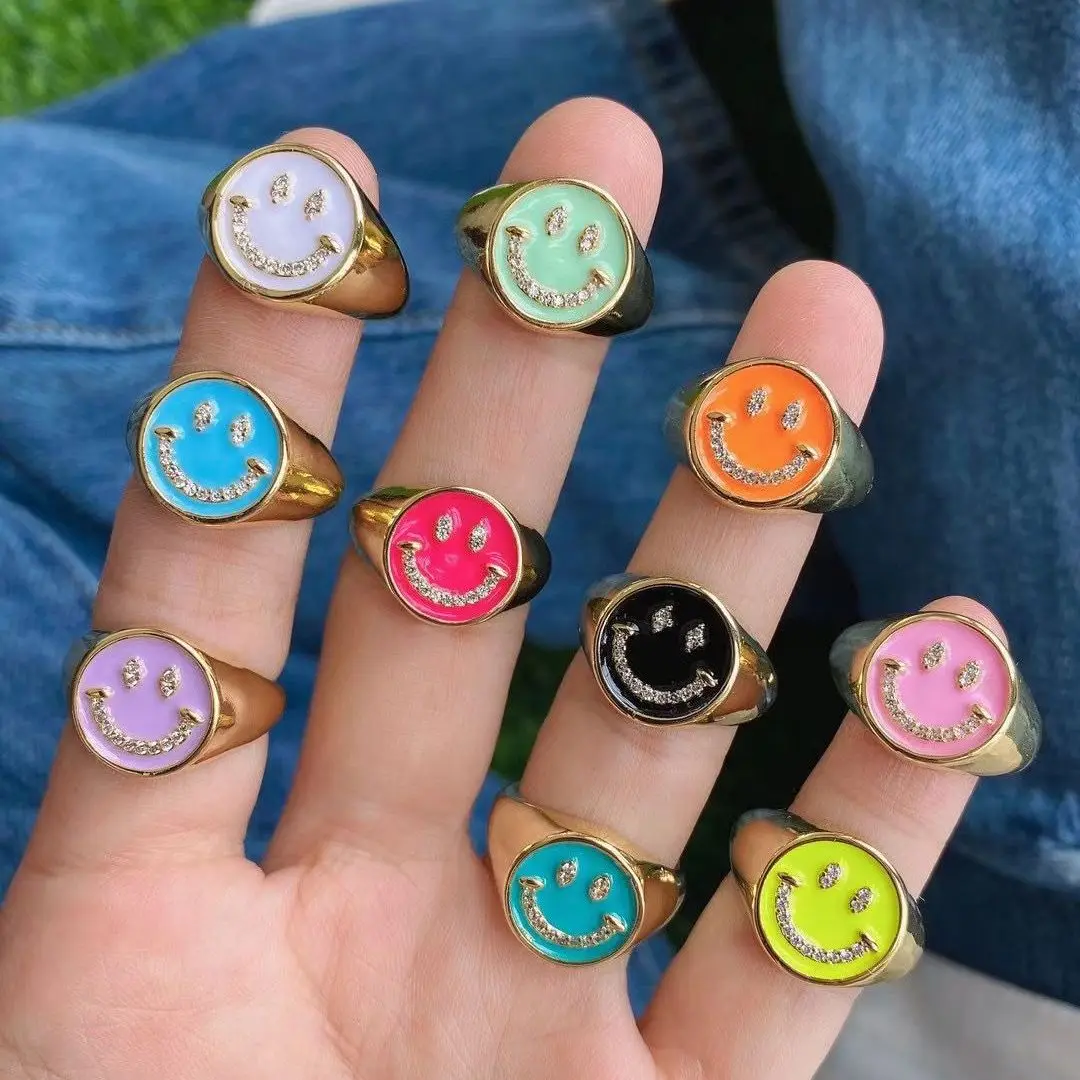 

10PCS, Trendy Crystal CZ Pave Vintage Happy Smiley Face Female Ring Colorful Enamel Gothic Opening Adjustable Rings for Women