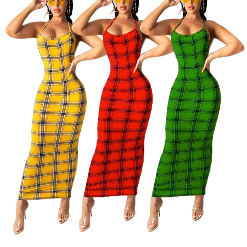 

2021 Women's Summer New Style Sexy Skirt Slim Fashion Sexy Solid Color Casual Sling Plaid Long Skirt Bohemian Style