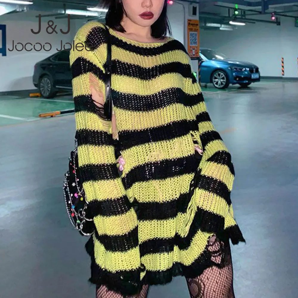 Vintage Striped Ripped Hole Oversized Sweater Women Sexy Punk Gothic Long Unisex Knitting Pullover Loose Rock Thin Jumpers Top