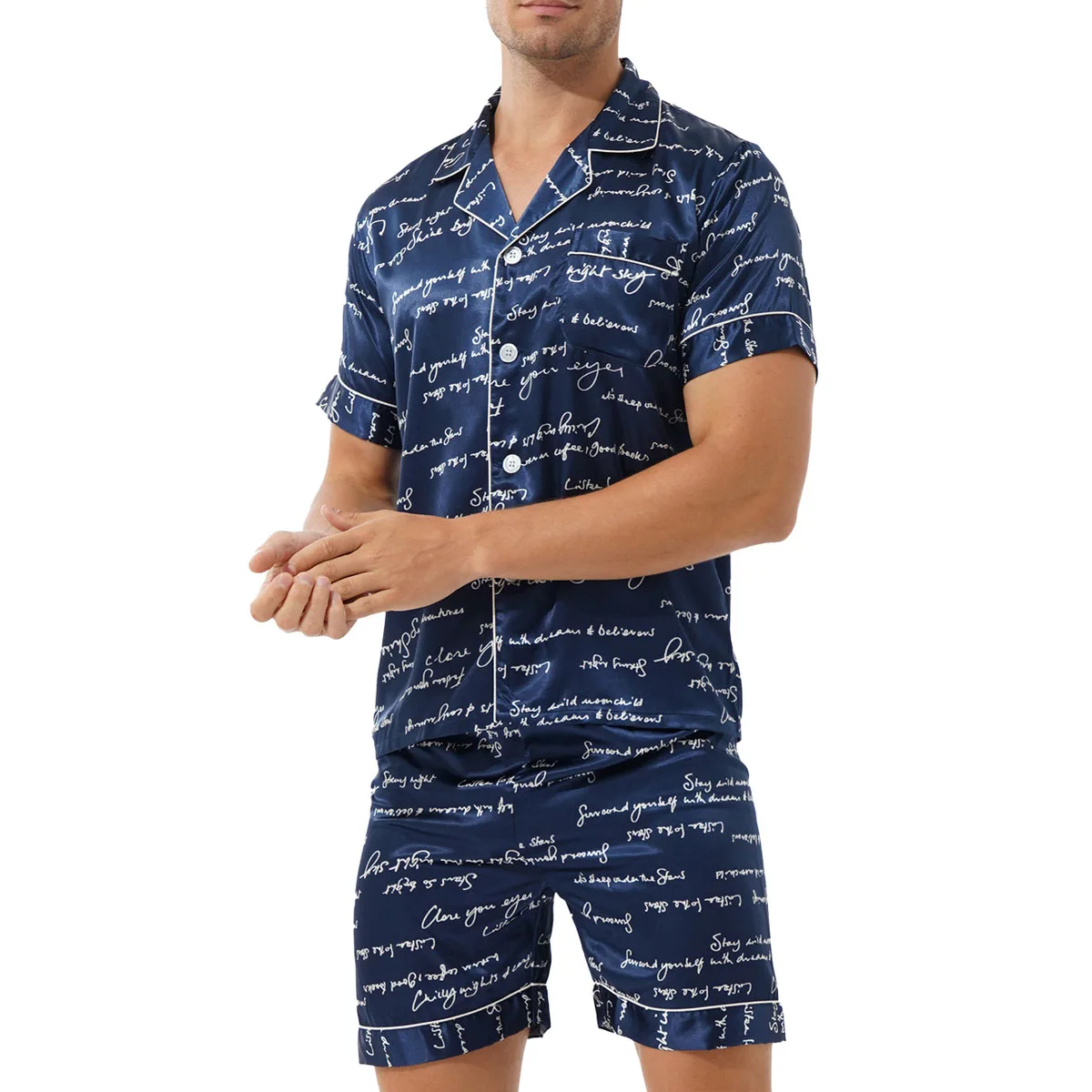2Pcs Men's Short Sleeve Satin Pajama Set with Shorts Turn-Down Collar Classic Sleepwear Loungewear