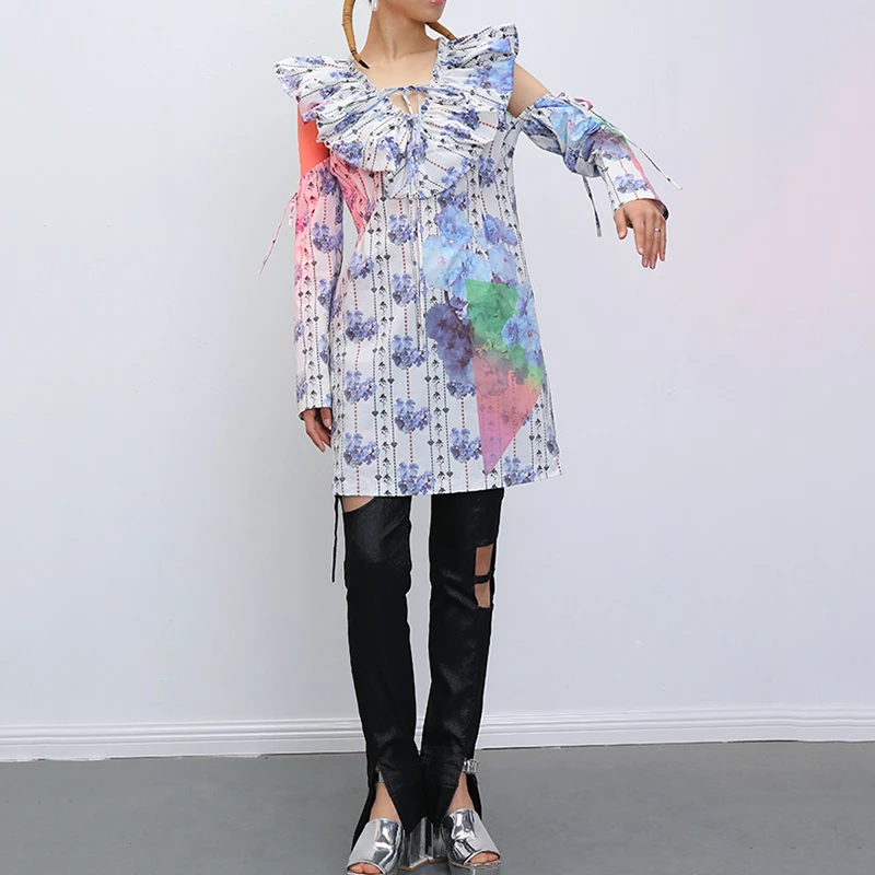 

SeeBeautiful New Fashion Spring 2021 Simple Shirt Type Floral Printing Ruffles Patch V-neck Loose Dress Women W775