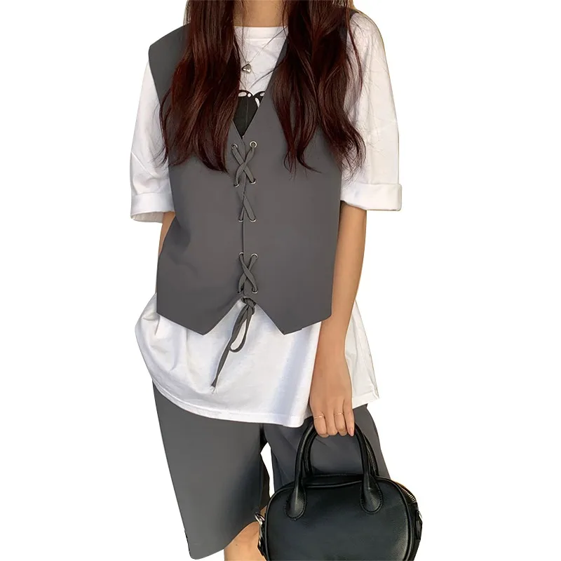 

Design Sense Niche Lace-up Vest Coat Top Women's Casual Shorts Wide Leg Five-Point Pants Fashion Two-Piece Suit