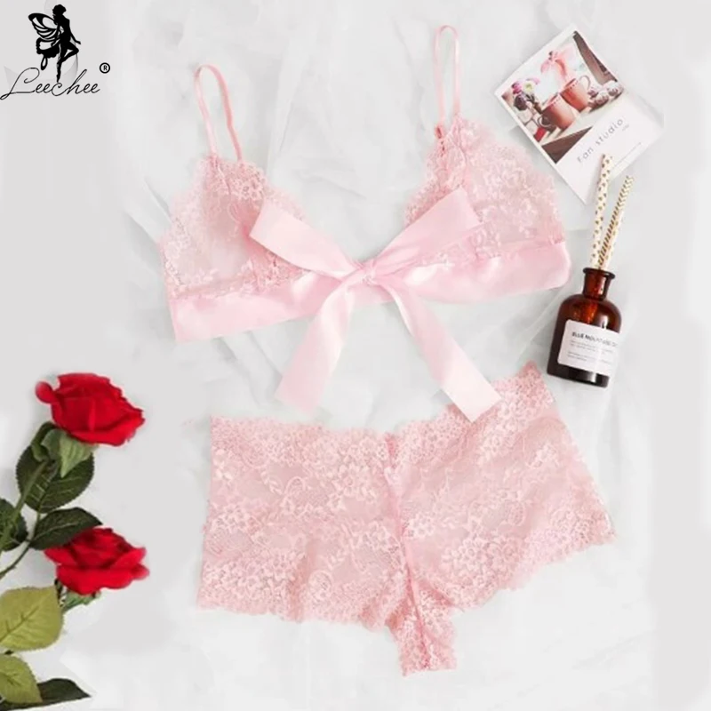 

Leechee New Women's Bra Set Romantic Pink Sexy Lingerie Comfortable Wire Free Bra+Panty Transparent Underwear Bandage Brassiere