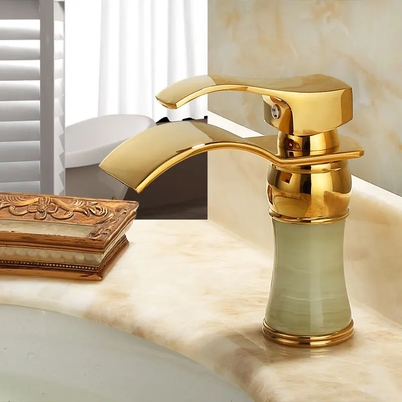 

Basin Sink Faucet Brass Gold Deck Mounted Bathroom Faucets Bathtub Washroom Mixer Tap Rose Gold Jade Single Handle Single Hole