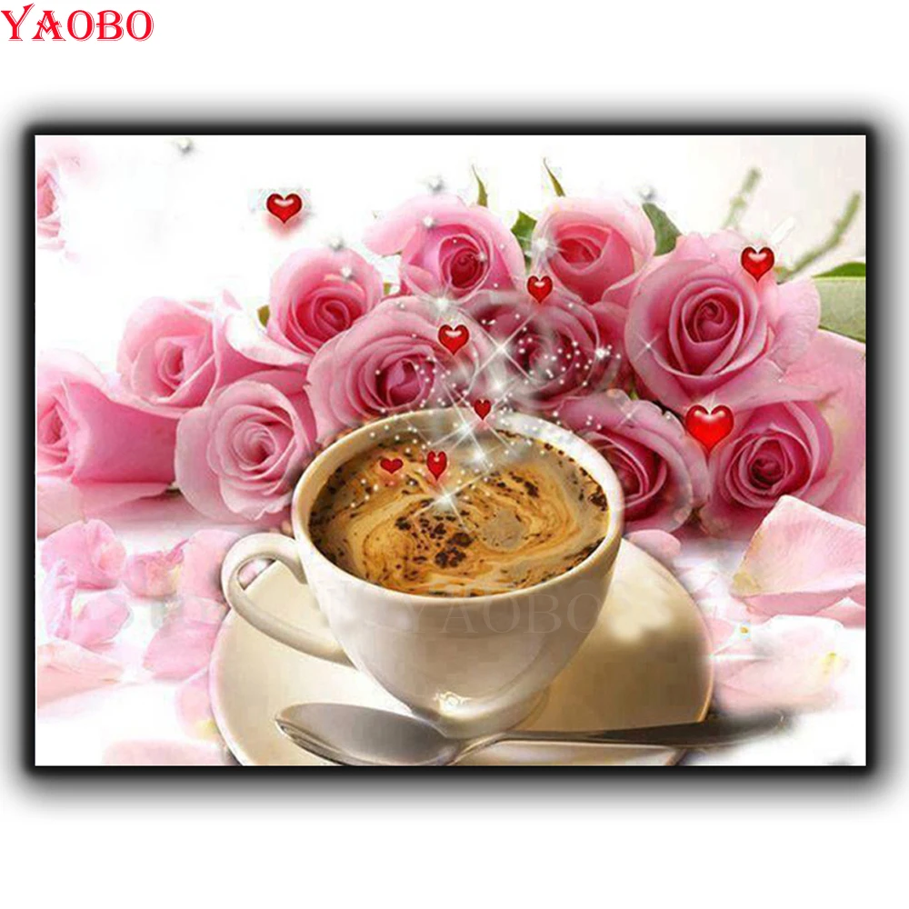 

DIY Diamond Embroidery Valentine Day Coffee Roses 5d Diamond Painting Cross Stitch Kits Diamond Mosaic Picture Of Rhinestones