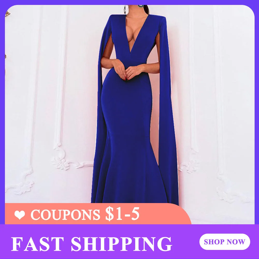 

Сексуальное вечернее платье с глубоким v-образным вырезом и открытой спиной, длинное платье-накидка русалки с длинным рукавом, женское плат...