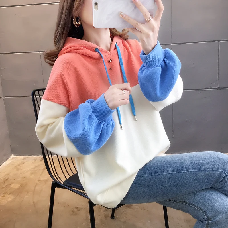 Осенняя мода новый цвет мозаика женское худи Ins фиолетовый Плюс Размер Женская