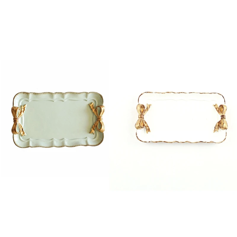 

2Pcs Bow Cake Storage Trays Makeup Organizer Dessert Plate Square Decor Tray Kitchen Storage Trays 12X20cm Green & White