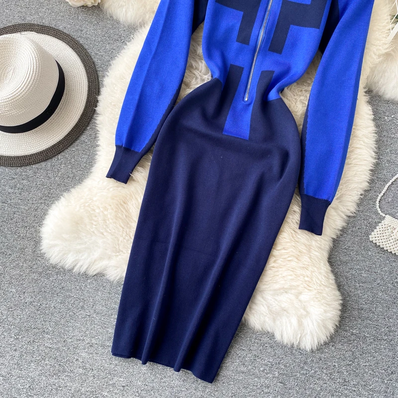 

Elegant Lady Knit Dress Zipper-up Stand Collar Long Sleeve Color Match Geometric Pattern Casual Women Work Pencil Dress