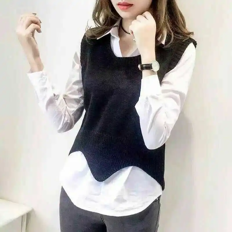 

2021 Spring And Autumn Solid Color V-neck Short Wave Edge Sleeveless Knitted Bottoming Sweater Vest Pullover And White Shirt