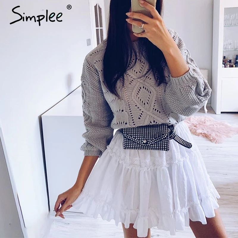 Simplee Autumn winter women knitted sweater Elegant lantern sleeve thick female Hollow out fashion ladies 2019 | Женская одежда