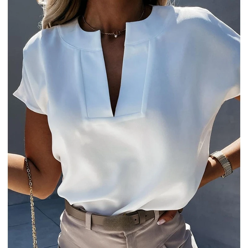 

Однотонные свободные блузки Wepbel с V-образным вырезом, топы, белая Повседневная футболка с коротким рукавом, летняя женская уличная модная фу...