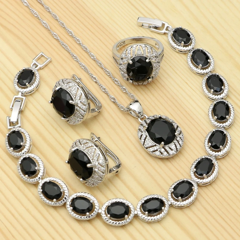 

925 Silver Jewelry Sets for Women Black Stones White Cubic Zirconia Ring Pendant Bracelet Necklace Earrings