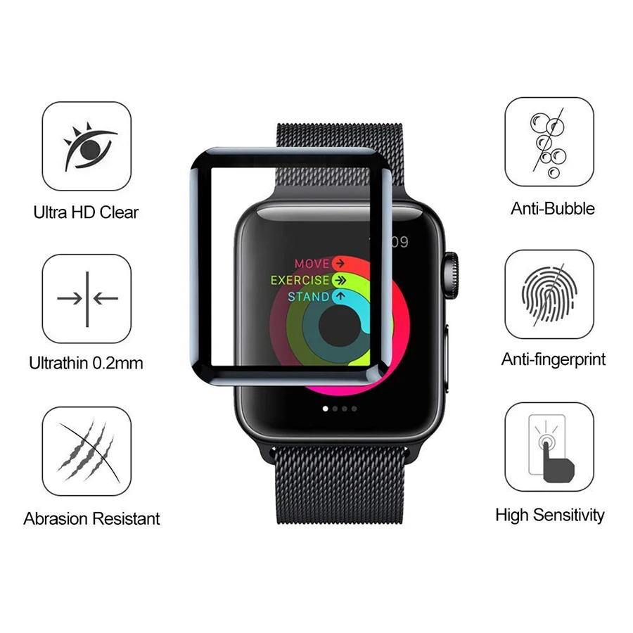 Закаленное 3d стекло с закругленными краями для iWatch пленка защиты экрана полное