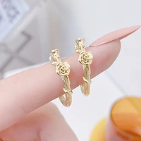 exquisite 14k real gold rose circle earrings for women charm elegant lady ear ring jewelry wedding pendant accessories gift