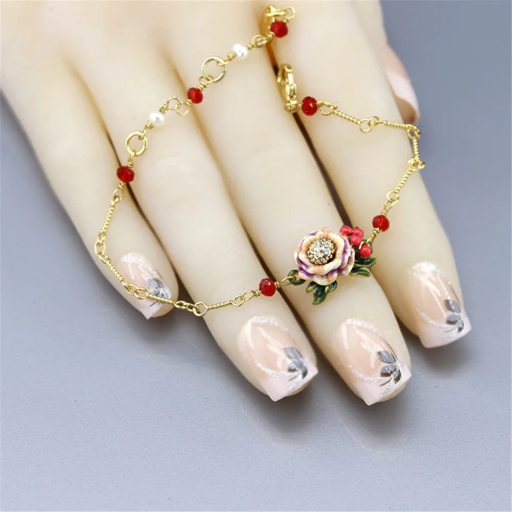 B04-014 Christmas Bunny Bracelet Enamel Glazed Pink Flower Rose Pendant Les Nereides* Bracelets &amp bangles | Украшения и