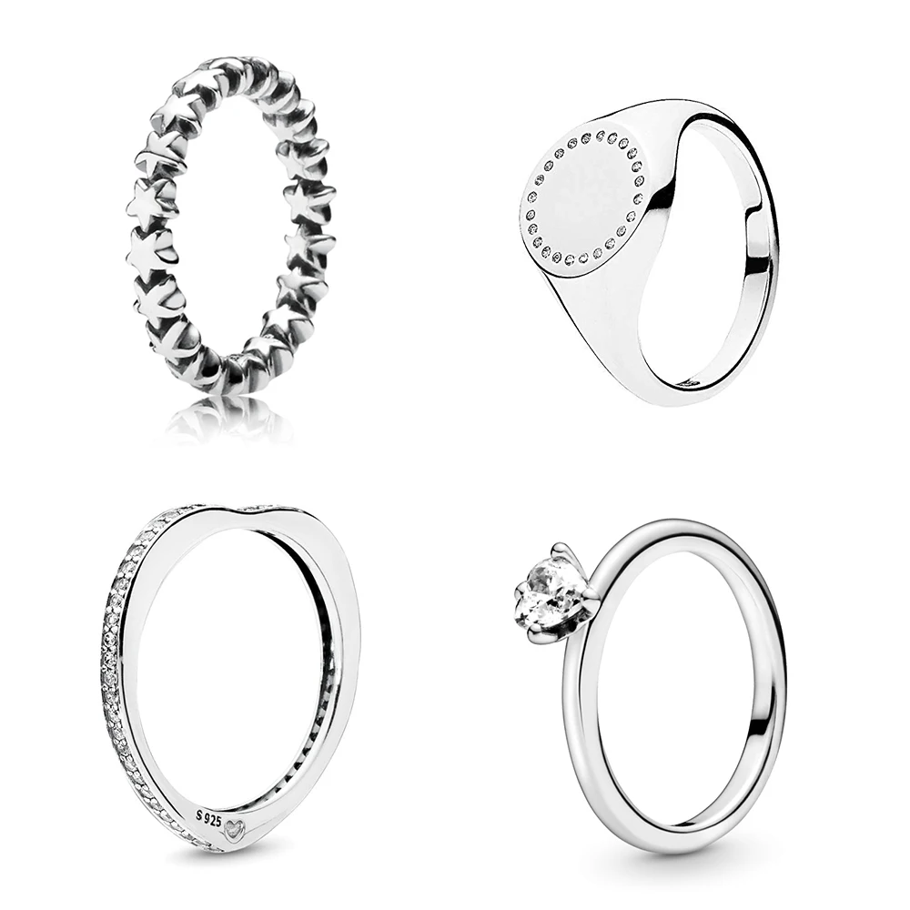 

S925 Sterling Silver Circle Stamp Ring Women's Love Heart Stackable Ring Heart Shape Shiny Arc Clear CZ Pure Simple Style