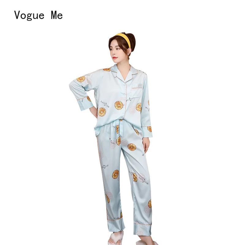 

Fashionable Printed Sexy Women's Silk Long Sleeve Trousers Two Piece Spring and Autumn Pajamas Sleep Lounge Pajama Sets