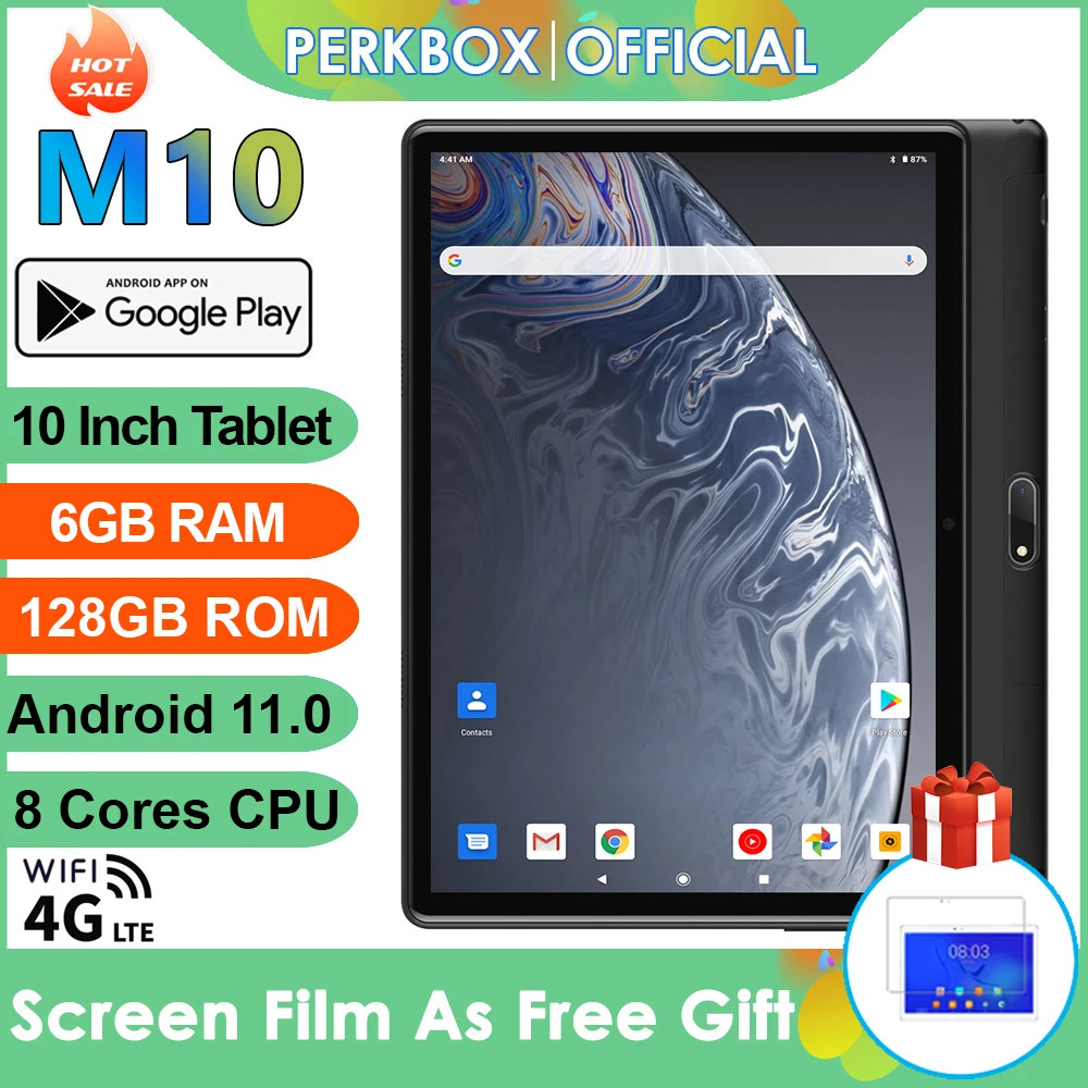 Perkbox Android 10.0 Tablet 10 Inch Octa Core Fast WiFi 6GB RAM 128GB ROM Bluetooth, 5000mAh, Type-C, Google GMS Certified Pad
