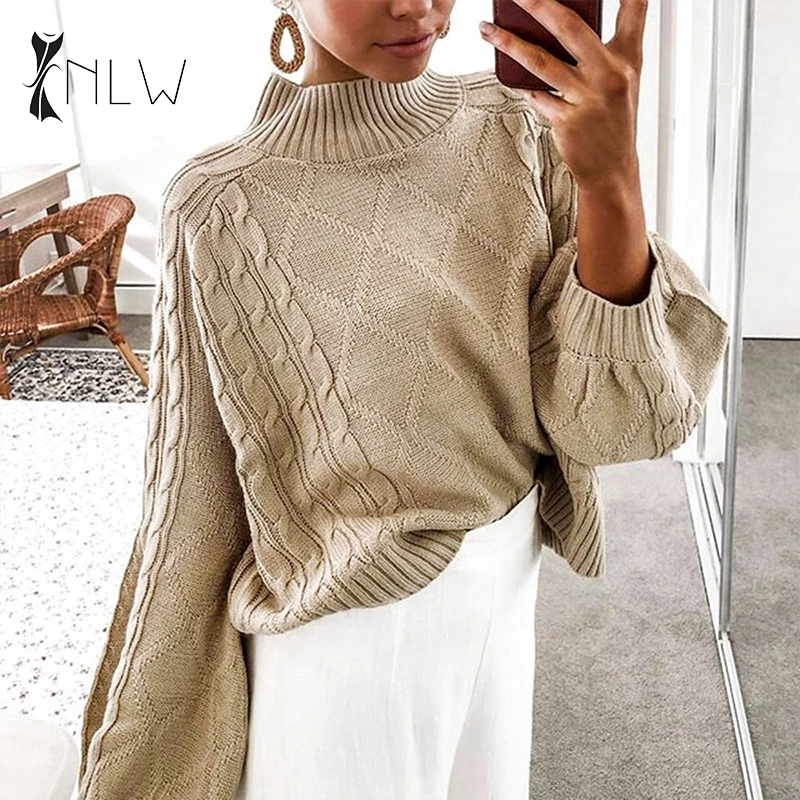 NLW Turtleneck Black Sweater Women Winter Oversized Knitted Sweater Jumper Fall Casual Lantern Sleeve Vintage Sueter Mujer