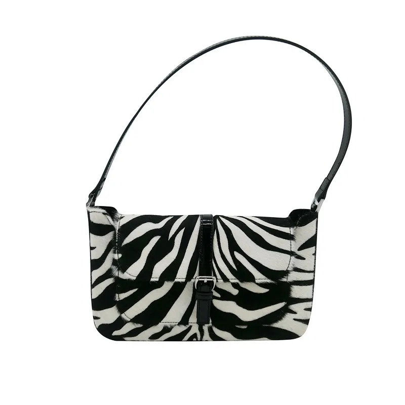 

Zebra Print Handbag Real Horse Hair Shoulder Bag Celebrity Inspired Genuine Leather Underarm Bag Baguette Shape Bag Totes