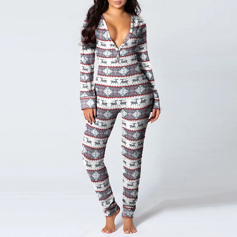 

Women Fashion Casual V Neck Long Sleeve Snowflake Print Jumpsuits Overalls Buttoned Design Adults Pajamas Jumpsuit
