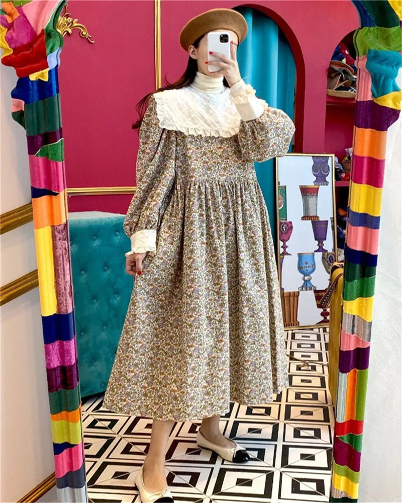 

Women Loose Floral Dress Fall Winter Casual O-neck White Lapel Lantern Sleeve Long Dresses For Female Oversize Comfort Dress