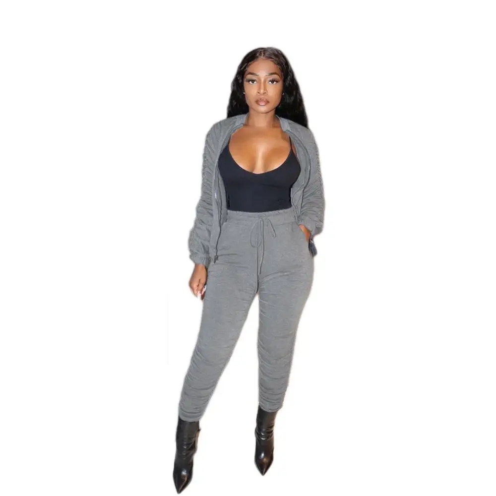 

Casual Women Two Piece Set Jacket Coat + Long Pants With Pocket Pleated Tracksuit Women Streetwear Sportsuit Outfit Solid Color