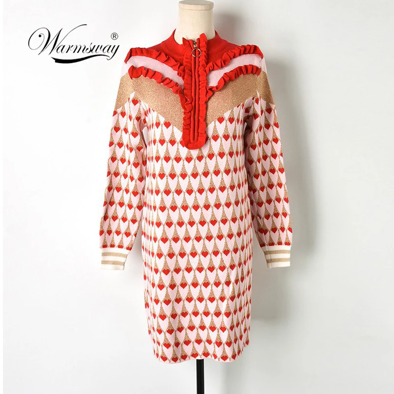 Многоцветное платье свитер с оборками на молнии высоким воротником сердечком