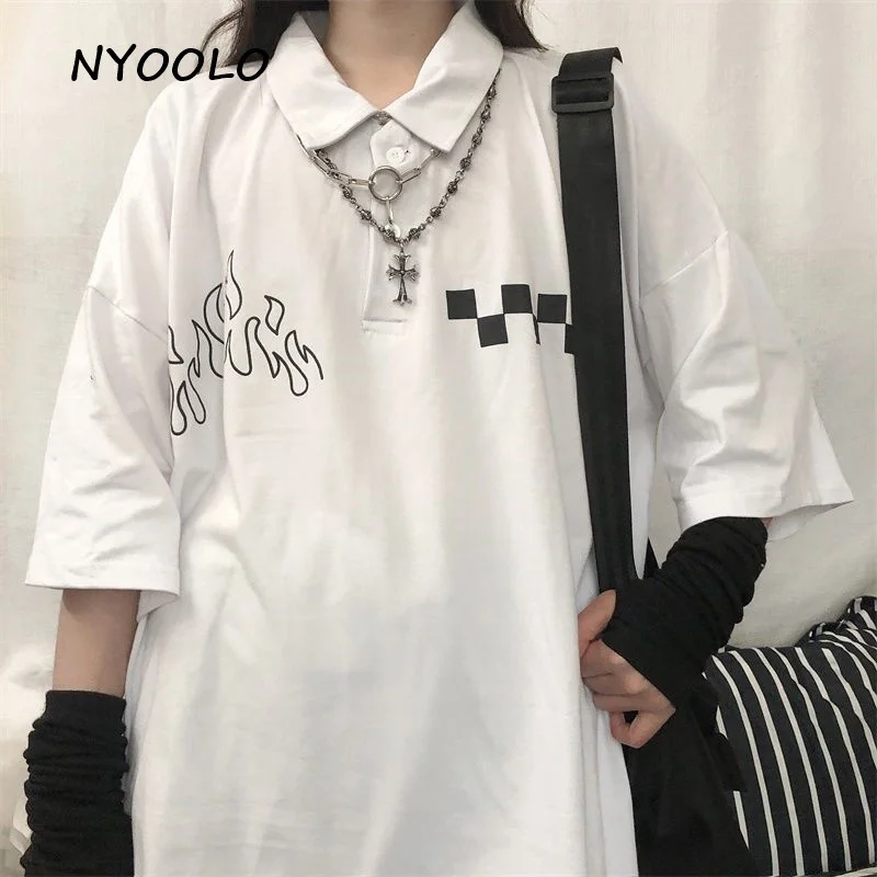 

NYOOLO 2020 Casual street flame plaid print turndown collar short sleeve t-shirt women men Summer loose hip hop tee shirt tops