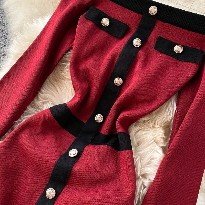 

Sexy Long Sleeve Patchwork Buttons Autumn Casual Knitted Dress Vestidos Bodycon Mini Sweater Dress Women Slash Neck Robe