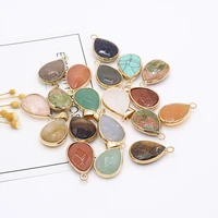 6pcs natural agates gilded water drop shape unakite malaysian jades stone pendant for necklace jewelry making gift size 15x24mm