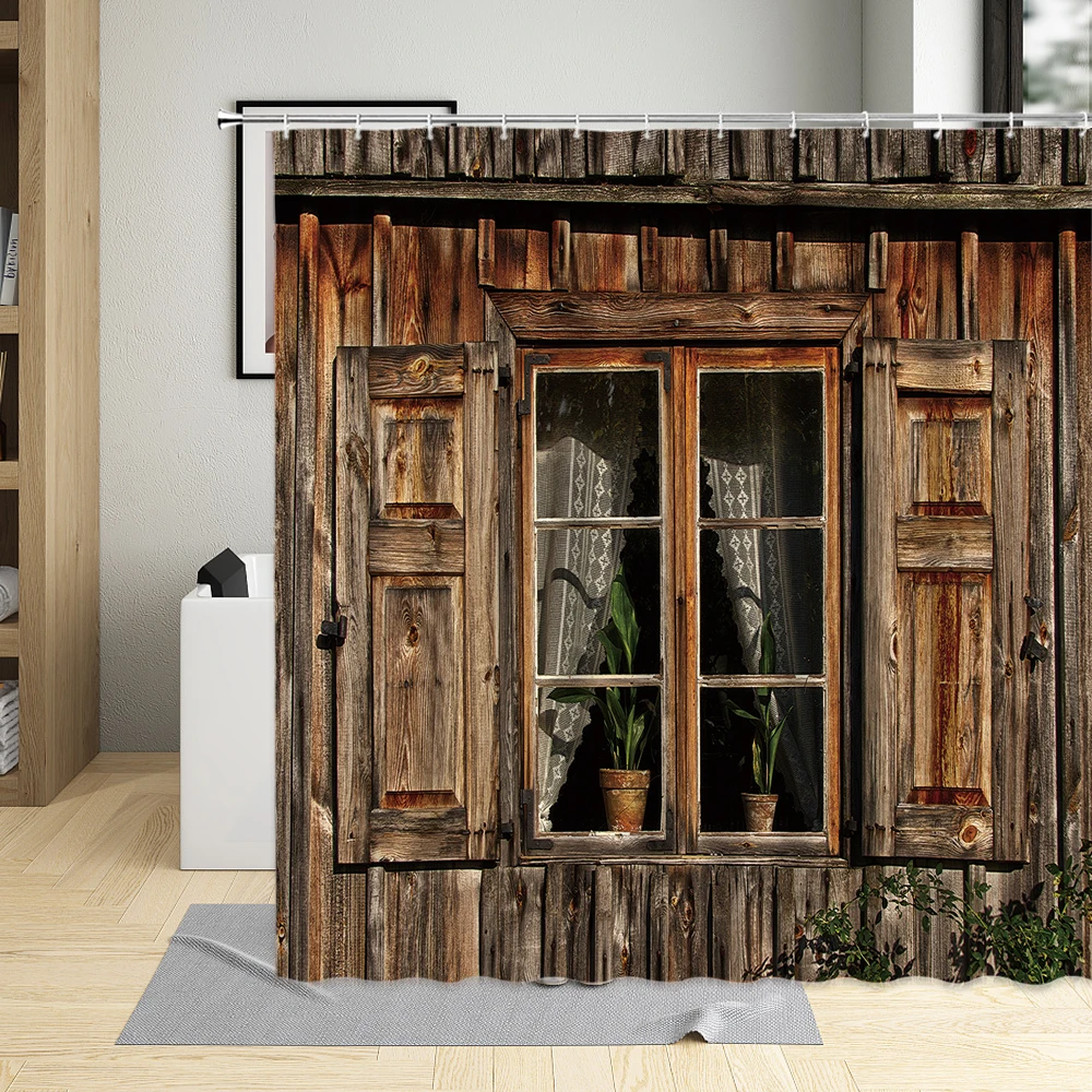 retro old wooden door shower curtain vintage flower window farmhouse barn shutters wall decor bathroom hanging curtains set hook free global shipping