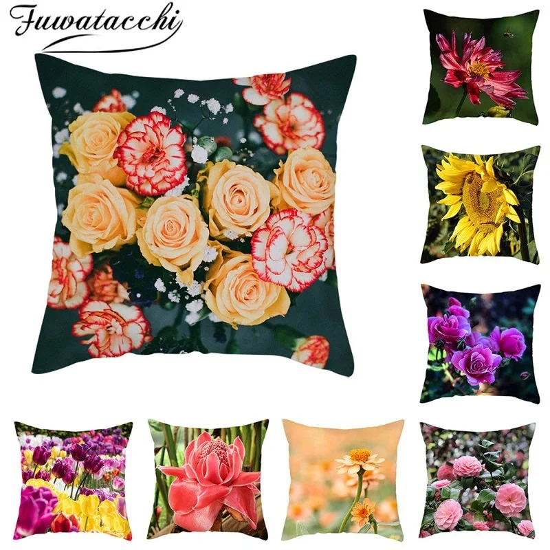 

Fuwatacchi Sunflower Rose Cushion Cover Carnation Flowers Pillow Cover for Home Sofa Chair Car Decorative Pillows 45*45cm