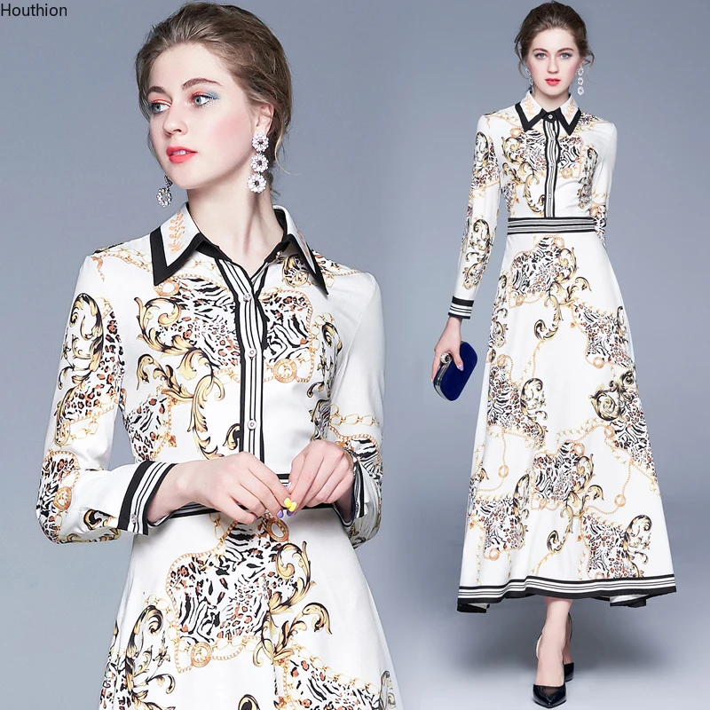 

Women's dress fashion Casual dresses Long sleeve polo collar printing summer new Thin Large size