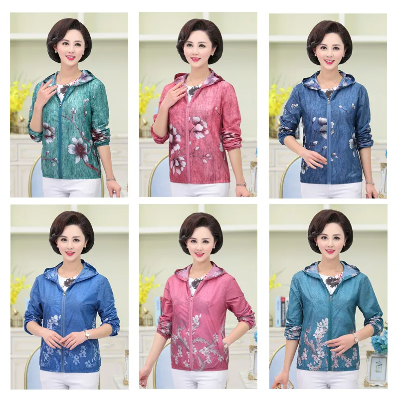 

New Middle-aged women summer thin section printing sun protection clothing mother loaded summer large size loose sunscreen coat