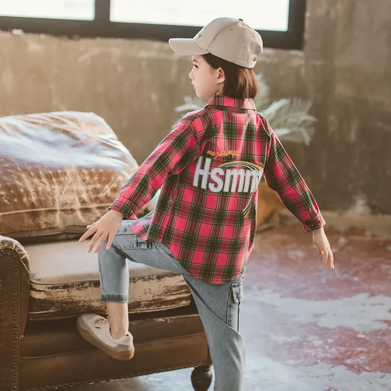 Дети красная клетчатая Радуга Вышивка Топы рубашка девушка с длинным рукавом