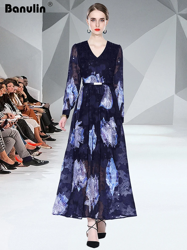 

2022 Fashion Runway Summer Long Sleeve Holiday Beach Maxi Dress Women's V-Neck Vintage Print Elegant Party Long Vestidos B9558