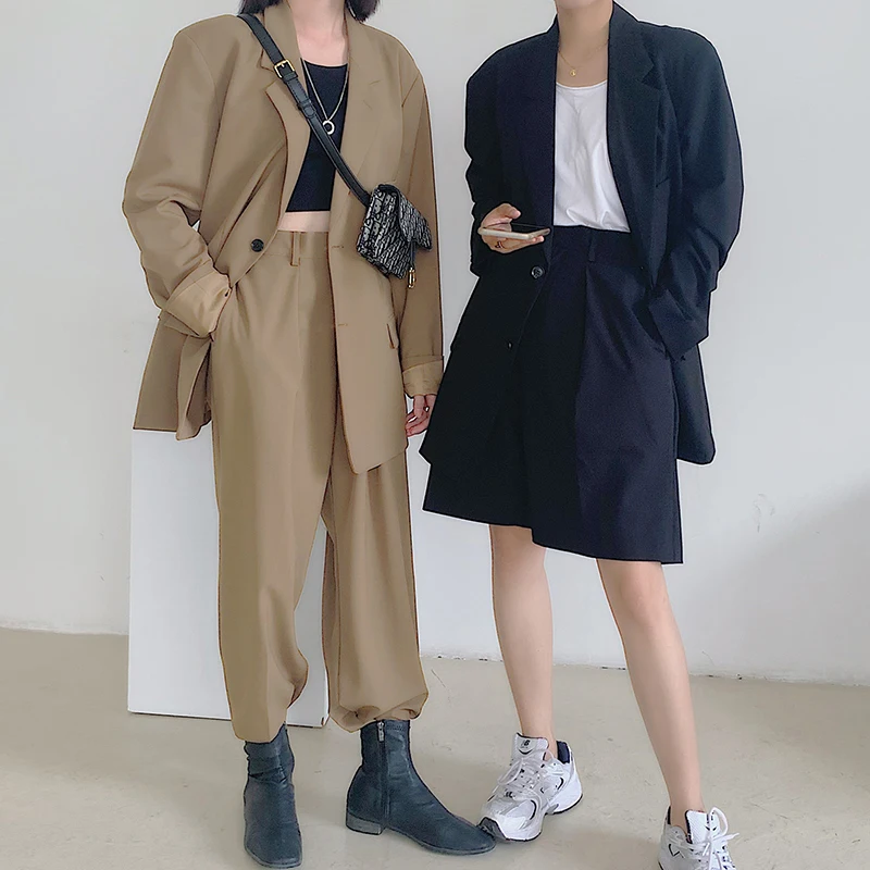 

Autumn Korean Style Women Two Piece Set Outfits Coat and Pants Long Sleeve Single Breated Coat and High Waist Wide Leg Pants
