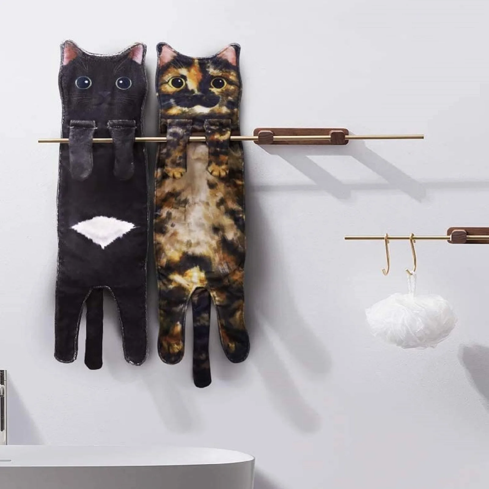 Toallitas largas con forma de gato para el ba&ntilde;o, toallas colgantes de secado r&aacute;pido para la cocina, c&oacute;modas y con fuerte absorci&oacute;n de agua, fibra Superfina-5