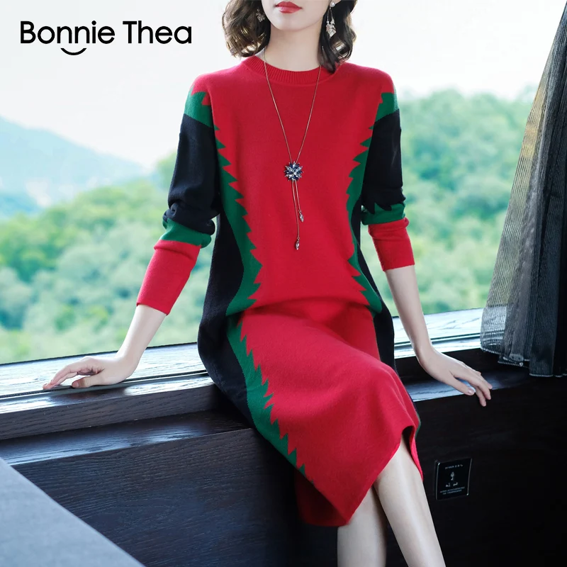 

Bonnie Thea women winter Christmas Sweater dress female Elegant black knitting party dress vestido lady autumn dresses 2019