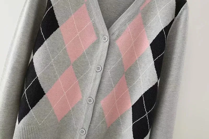 

Fashion Slim Knitted Sweater Eurpean Style Vintage Argyle V-Neck Long Sleeve Cardigan Sweater Casual Chic Tops 2020