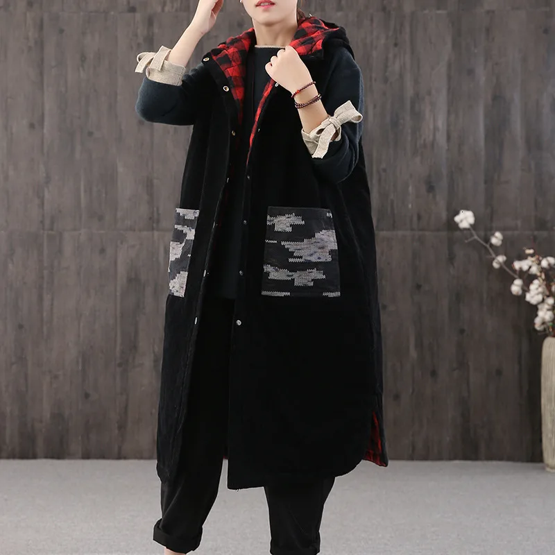 Женский клетчатый жилет Max LuLu повседневный вельветовый Длинный с капюшоном в