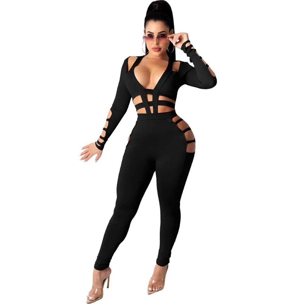 

Zoctuo Jumpsuit Solid Hollow Out Deep V-neck Long Sleeve Jumpsuit For Women Sexy Club Night Party One Piece Overall Romper 2021
