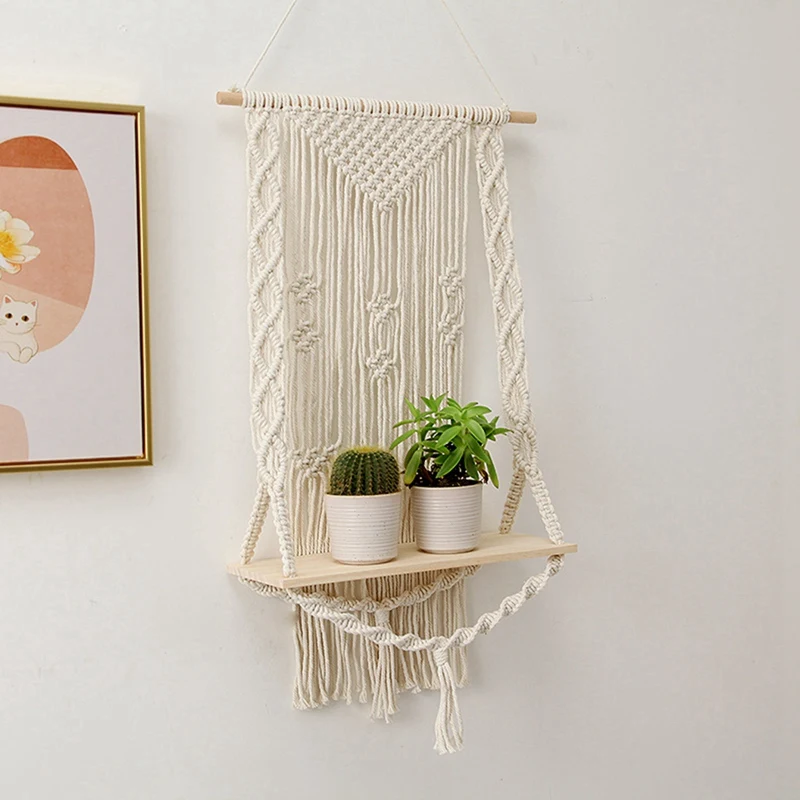 Boho Plant Holder Macrame Shelf Tapestry Wall Hanging Rack Bohemian Decor Hand-Woven Shelves Wooden Planter Basket | Дом и сад