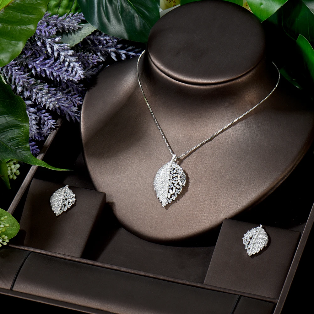 

HIBRIDE Elegant Leaf Shape Pendientes Necklace Sets Sparkling Cubic Zircon Small Korean Style Bridal Wedding Jewelry Sets N-1692